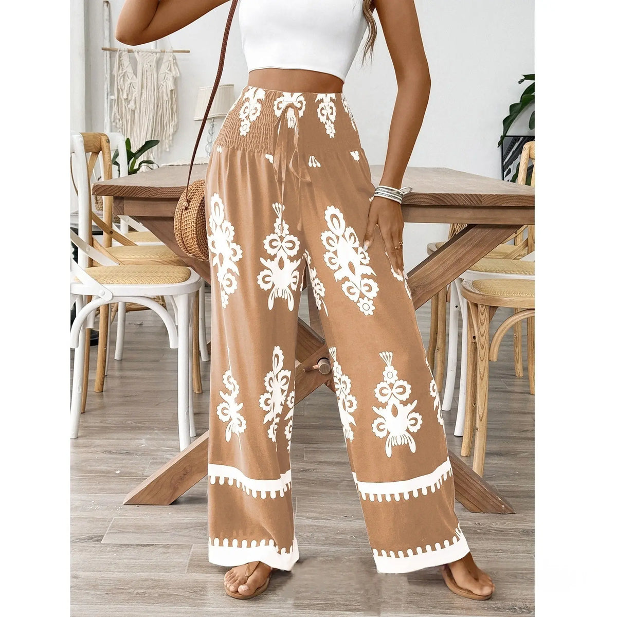 Women's 3D Pattern Lace-up Casual High Waist Print Wide-leg Pants hercurva