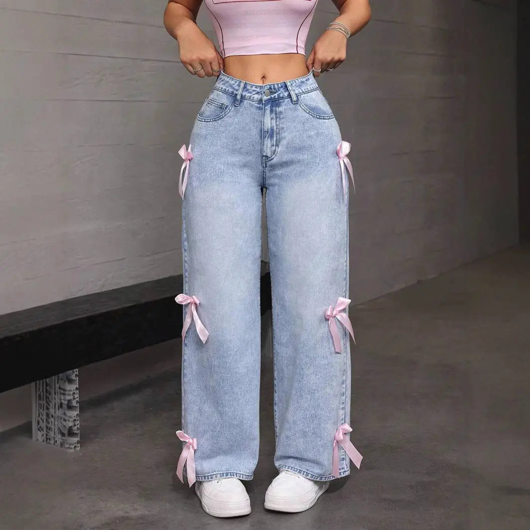 Bowknot Collage Washed Jeans Loose Straight-leg Wide-leg Pants hercurva