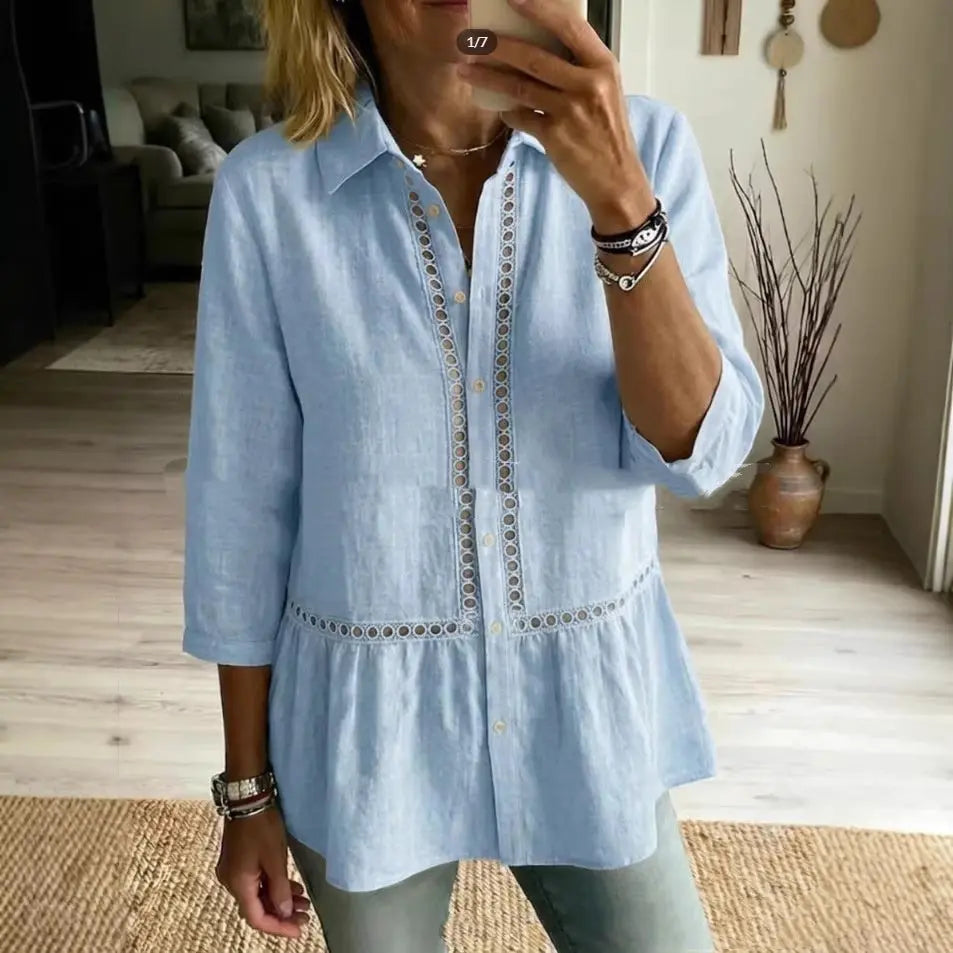 Patchwork Floral Woven Ribbon Cotton-Linen Shirt hercurva