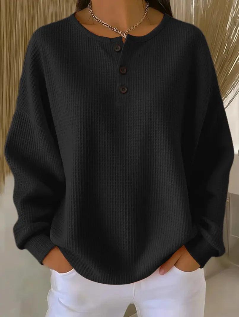 Round Neck Waffle Solid Color Pullover Loose Top hercurva