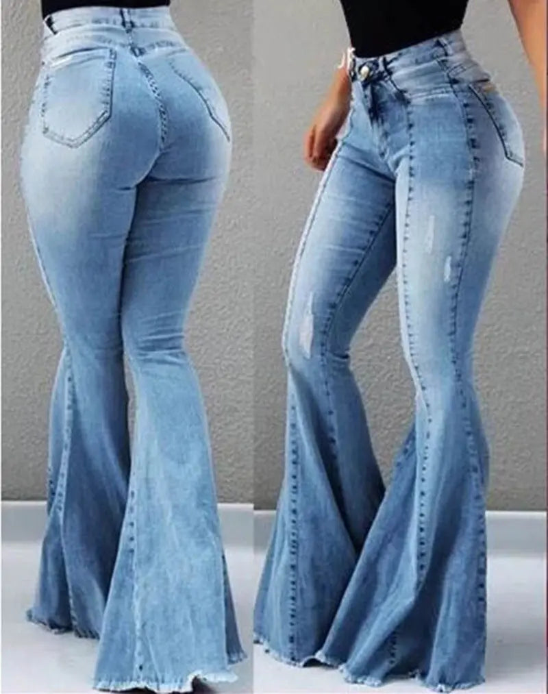 Elastic High Waist Ripped Denim Bell-bottom Pants Women hercurva