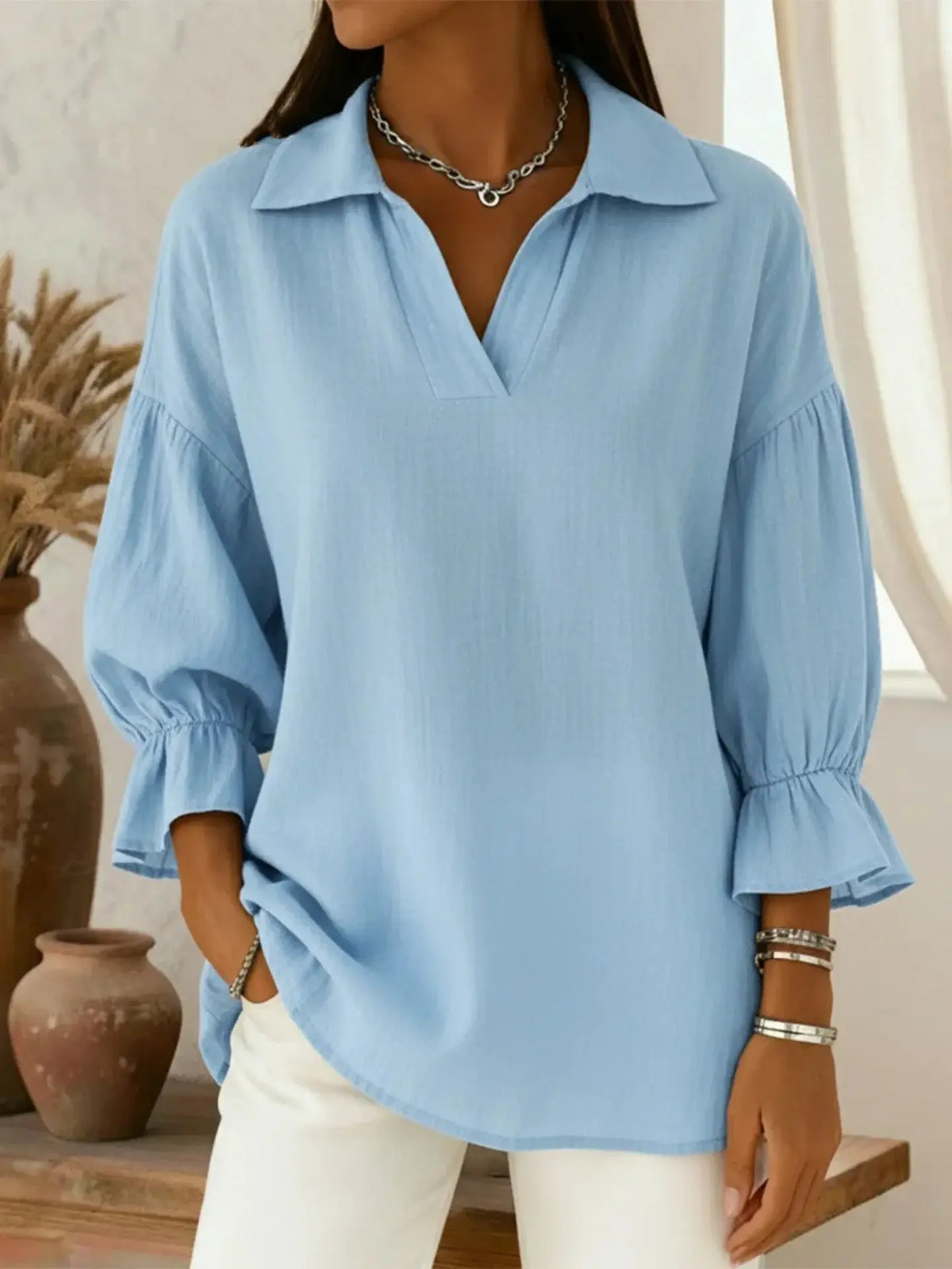 Casual Relaxed-fit Fashionable Long-sleeve Top With A Turn-down Collar hercurva