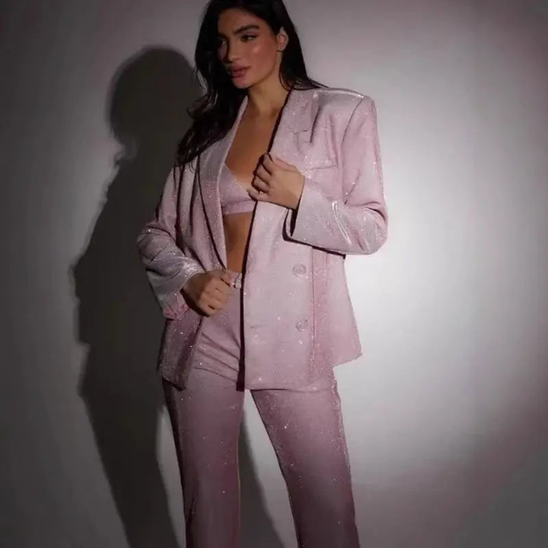 3pcs Shiny Long-sleeved Suit With Bra Lapel Blazer And Straight-leg Trousers Fashion Party Jacket Set For Women Clothing hercurva