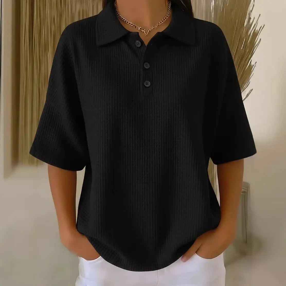 Buttoned Waffle-knit Short-sleeve T-shirt Solid-color Pullover Top hercurva