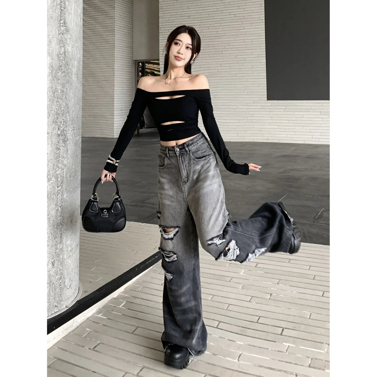 Gradient Color Big Ripped Hot Girl Wide Leg Jeans For Women hercurva