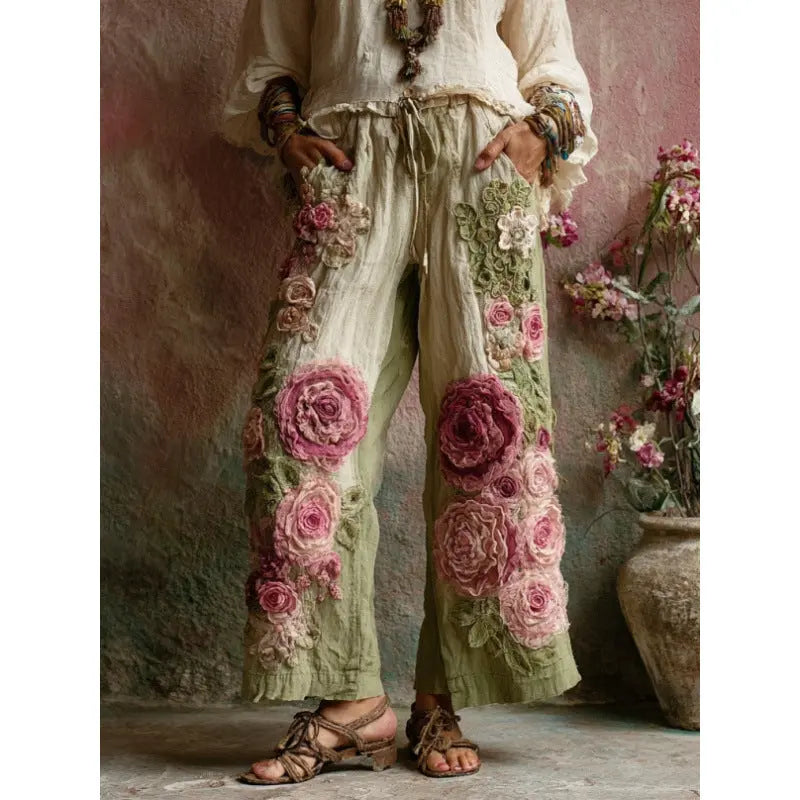 3D Floral Print Pattern Elegant Straight Women's Trousers hercurva