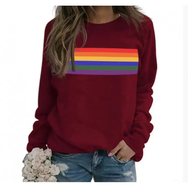 Color Striped Print Round Neck Pullover Long Sleeve Sweater hercurva