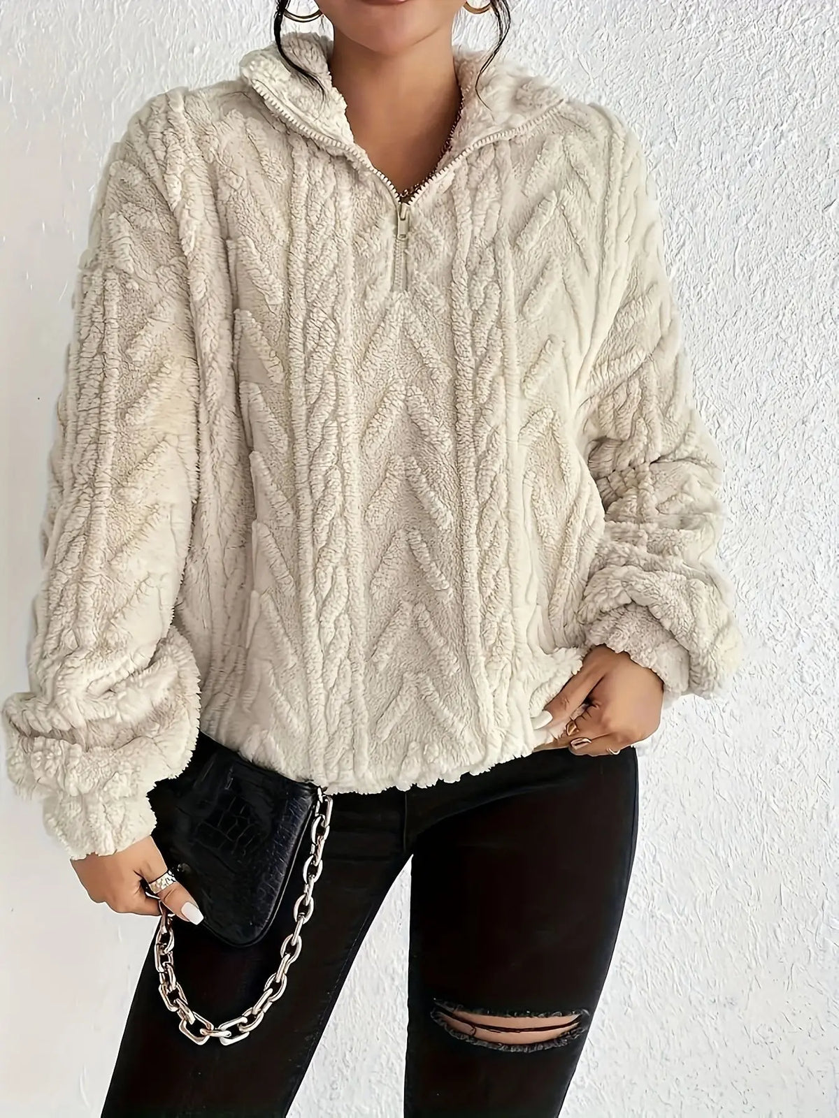 Double-sided Plush Latte Art Casual Zipper Pullover Top hercurva