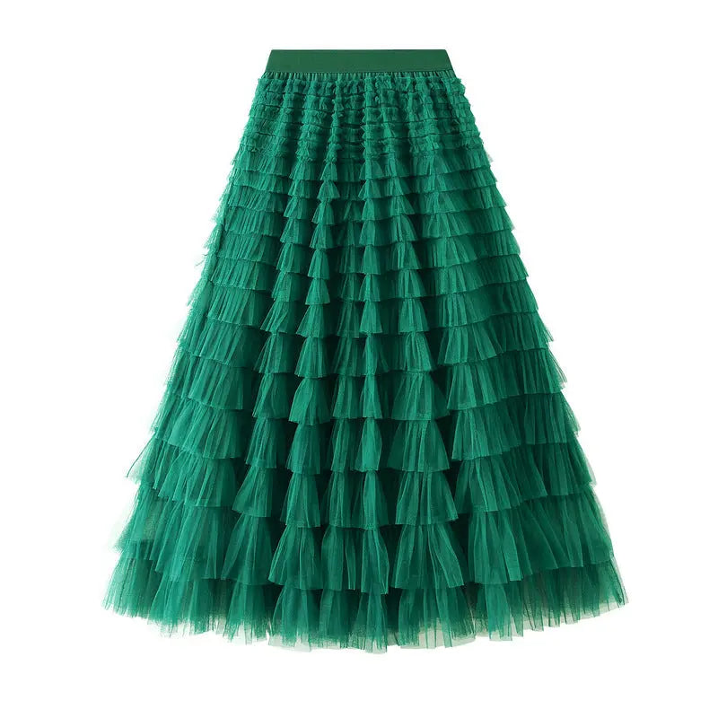 A-Line Mesh Ruffle Skirt Women's Temperament Sweet Long Skirt Slim Cupcake Dress Womens Clothing hercurva