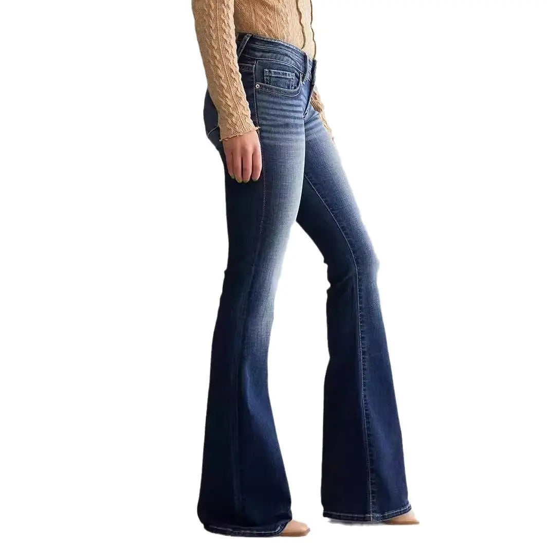 Ladies Mid Waist Slim Fit Stretch Retro Flared Jeans hercurva