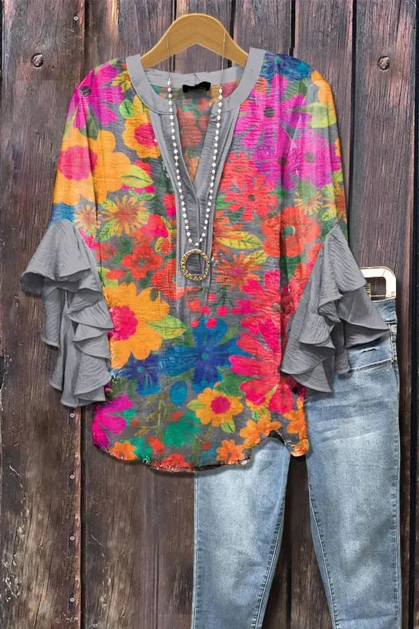 Casual Top With A Creative Floral Print And Digital Printing hercurva