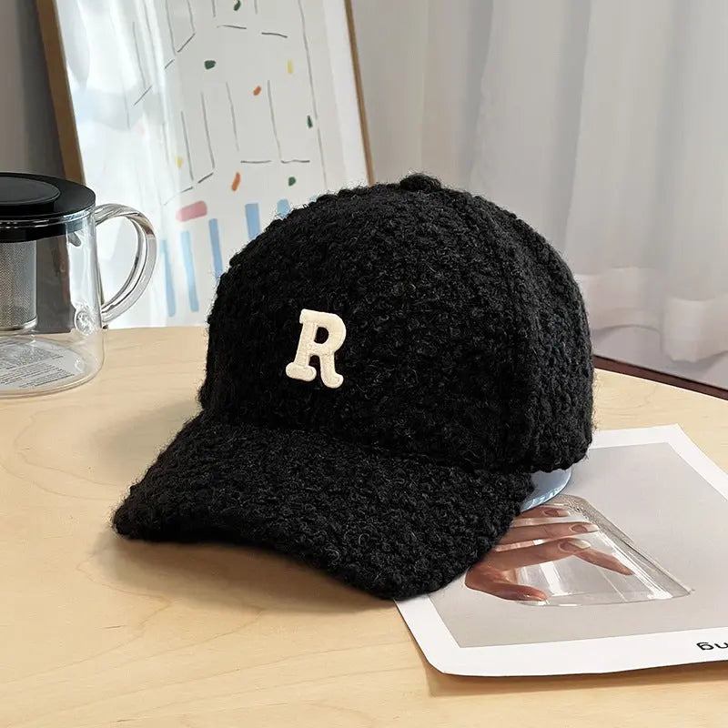 Winter Thick Lambskin Furry Large R Letter Baseball Cap hercurva