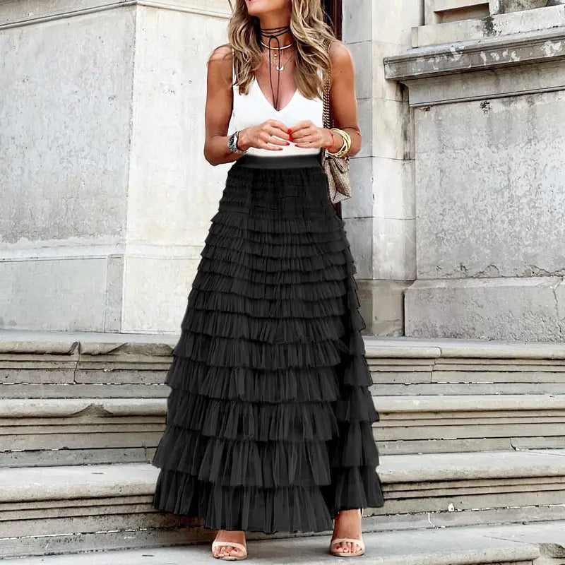 Layered Ruffles Cake Skirt Summer Fashion A Line Swing Mesh Long Skirt Party Dress Women hercurva