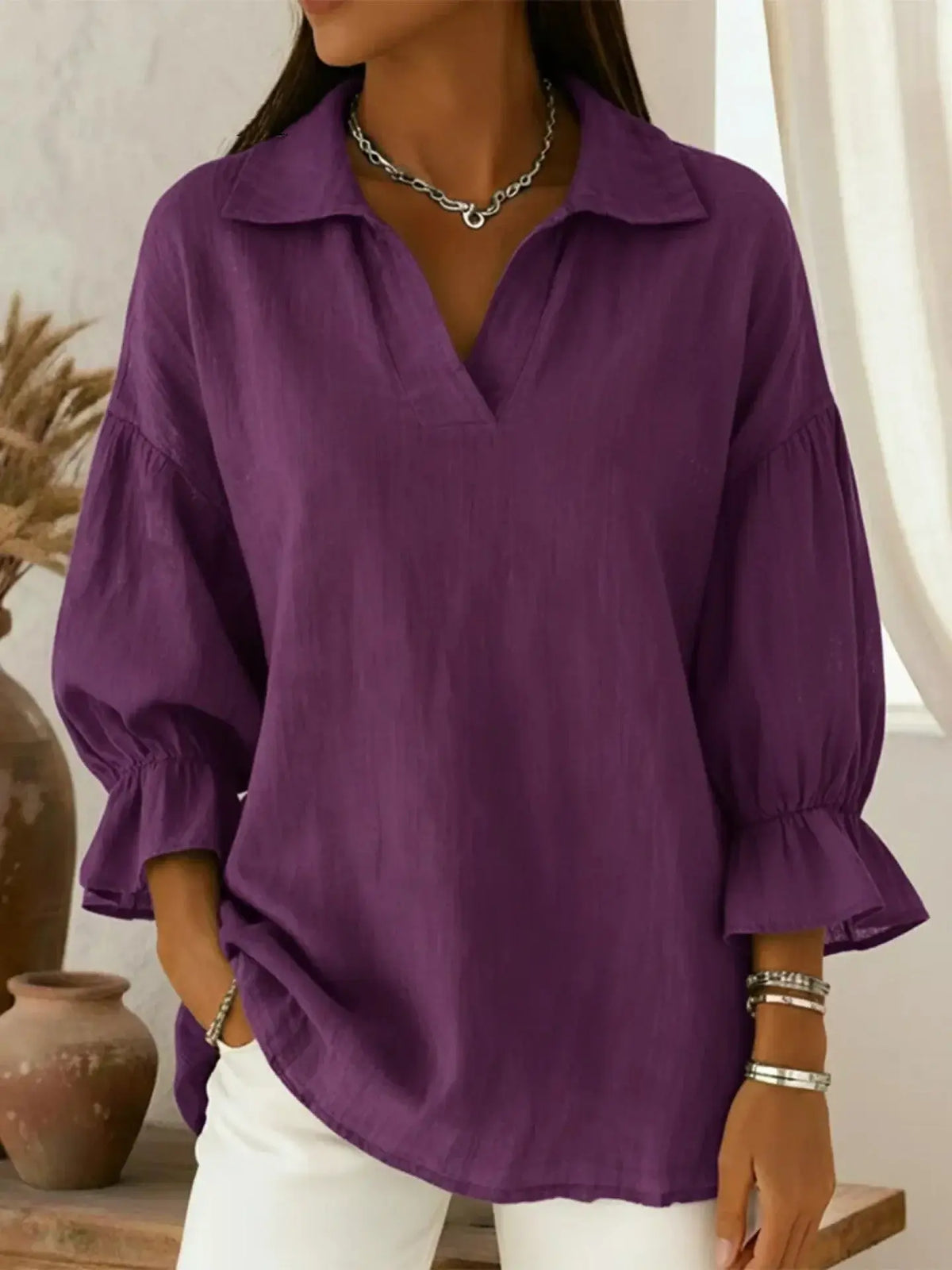Casual Relaxed-fit Fashionable Long-sleeve Top With A Turn-down Collar hercurva
