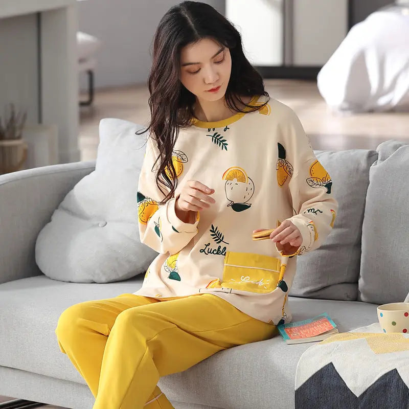 Loose Print Pajamas Women Autumn Winter Pyjama Set Long Sleeves And Trousers Elegant Sleepwear Girl Loungewear Home Clothes hercurva