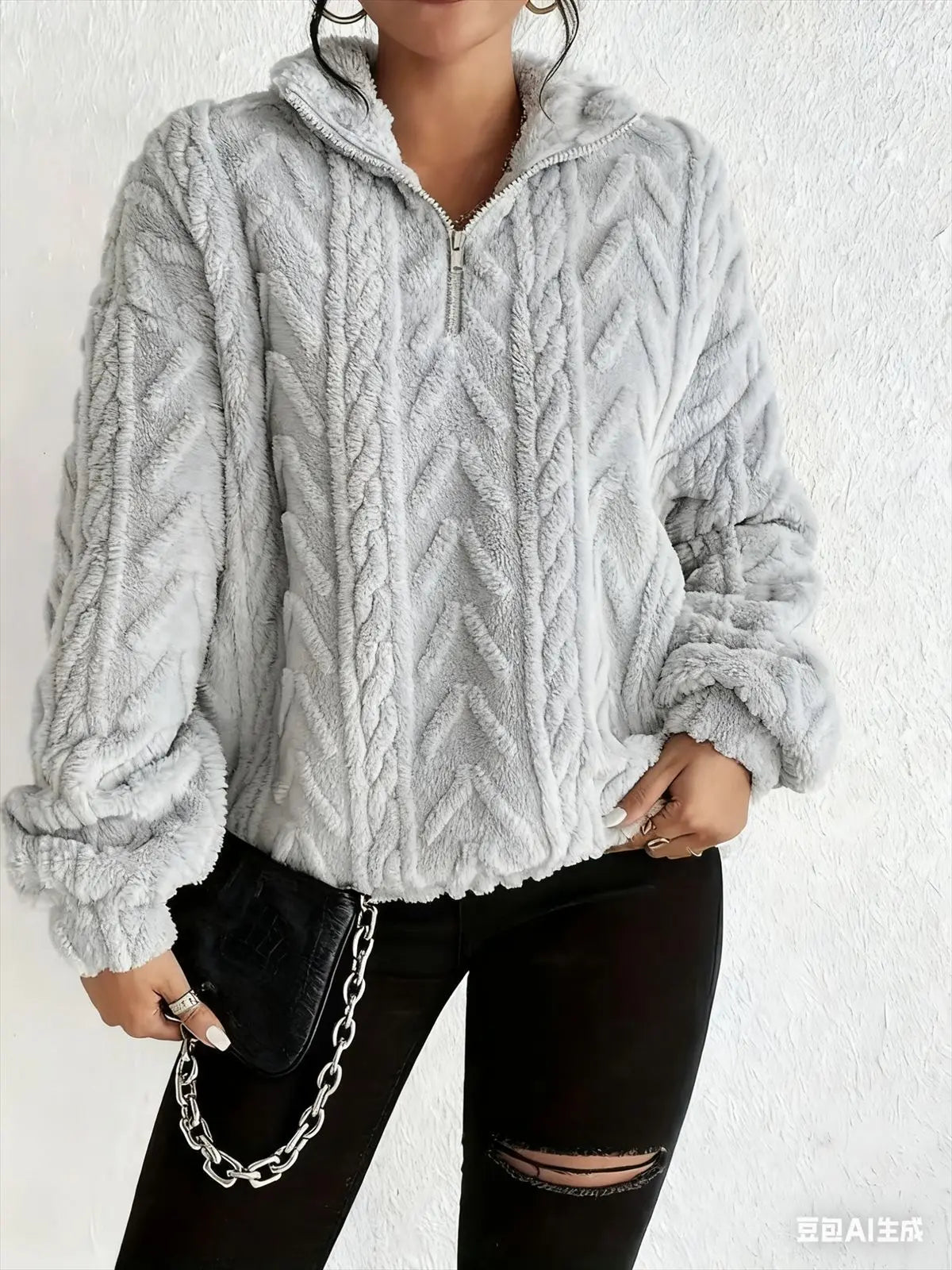 Double-sided Plush Latte Art Casual Zipper Pullover Top hercurva