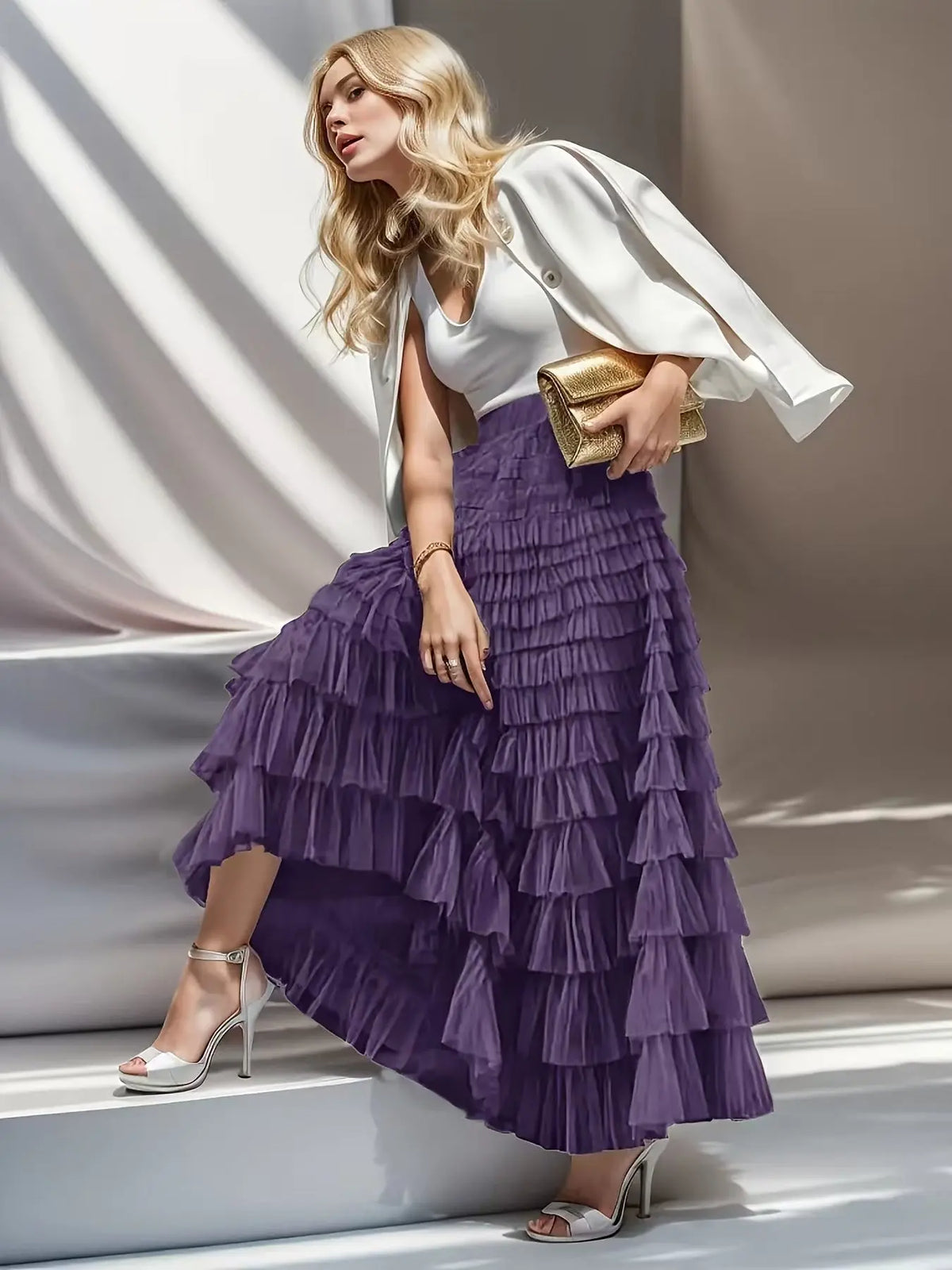 Layered Ruffles Cake Skirt Summer Fashion A Line Swing Mesh Long Skirt Party Dress Women hercurva