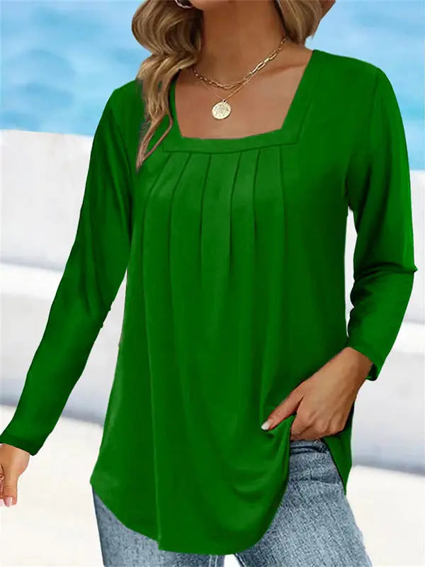 Women's Pleated Square Collar Long Sleeve Imitation Cotton Large Size T-shirt hercurva