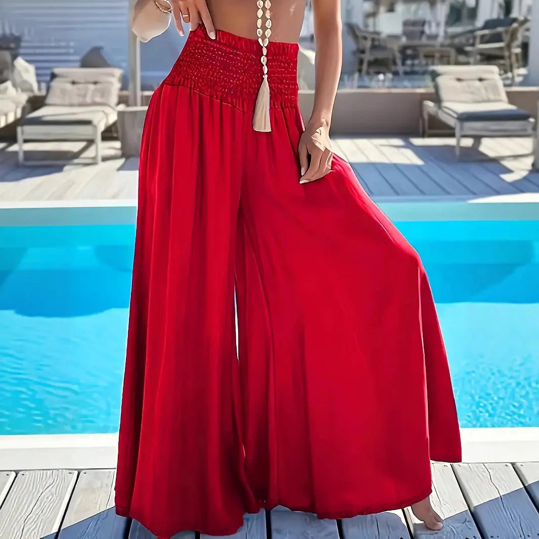 Solid Color High Waist Smocking Ice Silk Wide Leg Trousers hercurva