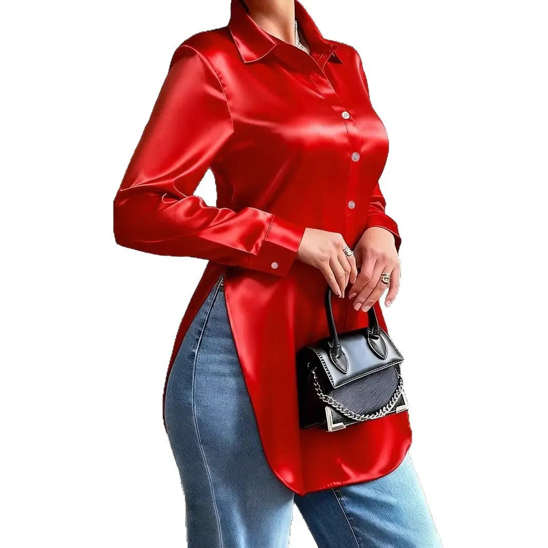 Womens Solid-Color Irregular-Hem Long-Sleeve Satin Shirt hercurva