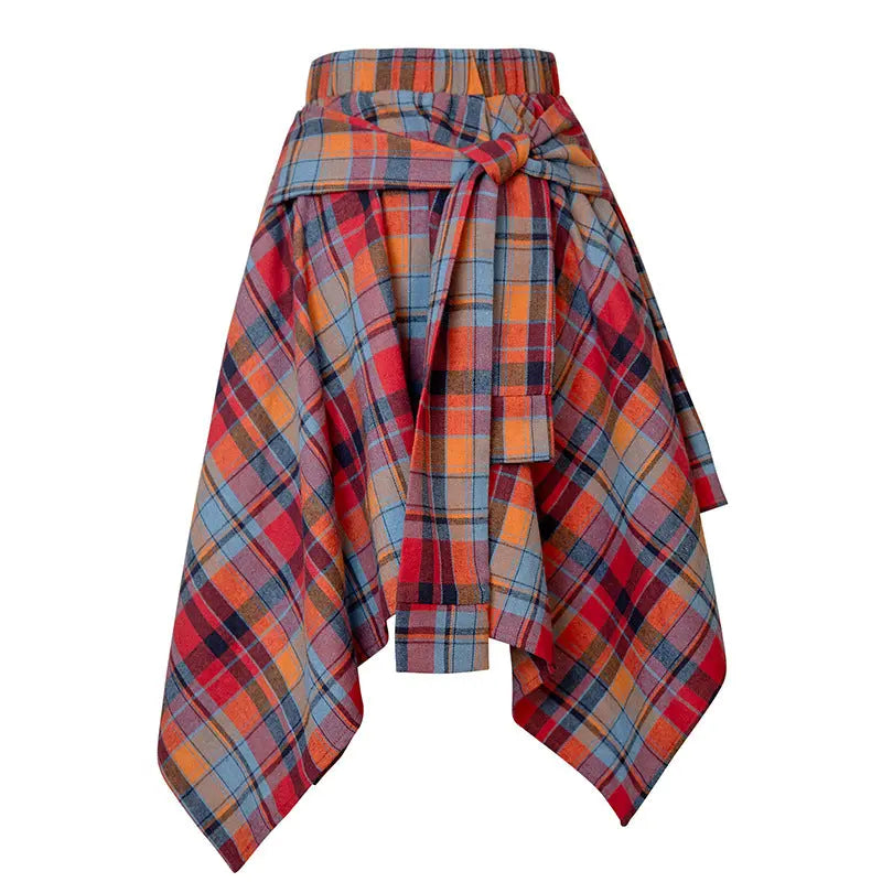 Women's Fashion Irregular High Waist Plaid Tie-Sleeve Skirt hercurva