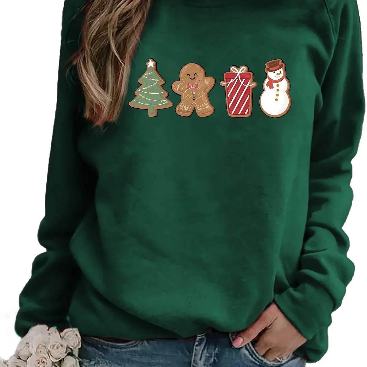 Snowman And Gingerbread Man Printed Sweater Comfortable And Casual hercurva