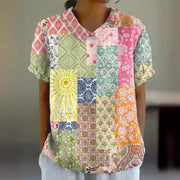 Women's Floral Stitching National Style Printing Lapel Short Sleeve hercurva