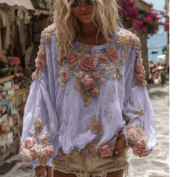Women's 3D Printed Long-sleeved Shirt Loose All-match High-grade Top hercurva