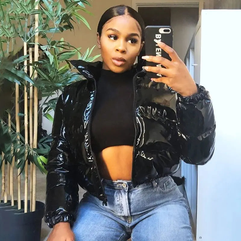 Sisterlinda Faux PU Leather Y2K Bubble Puffer Winter Warm Jacket Women Coats Long Sleeve Outerwear Zipper Casual Slim Parkas hercurva