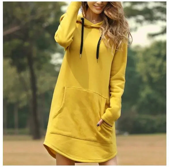 Solid color pocket long sleeve hoodie dress hercurva