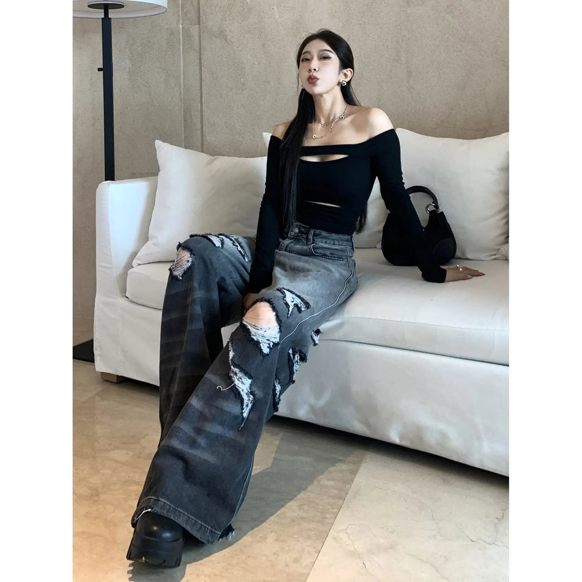 Gradient Color Big Ripped Hot Girl Wide Leg Jeans For Women hercurva