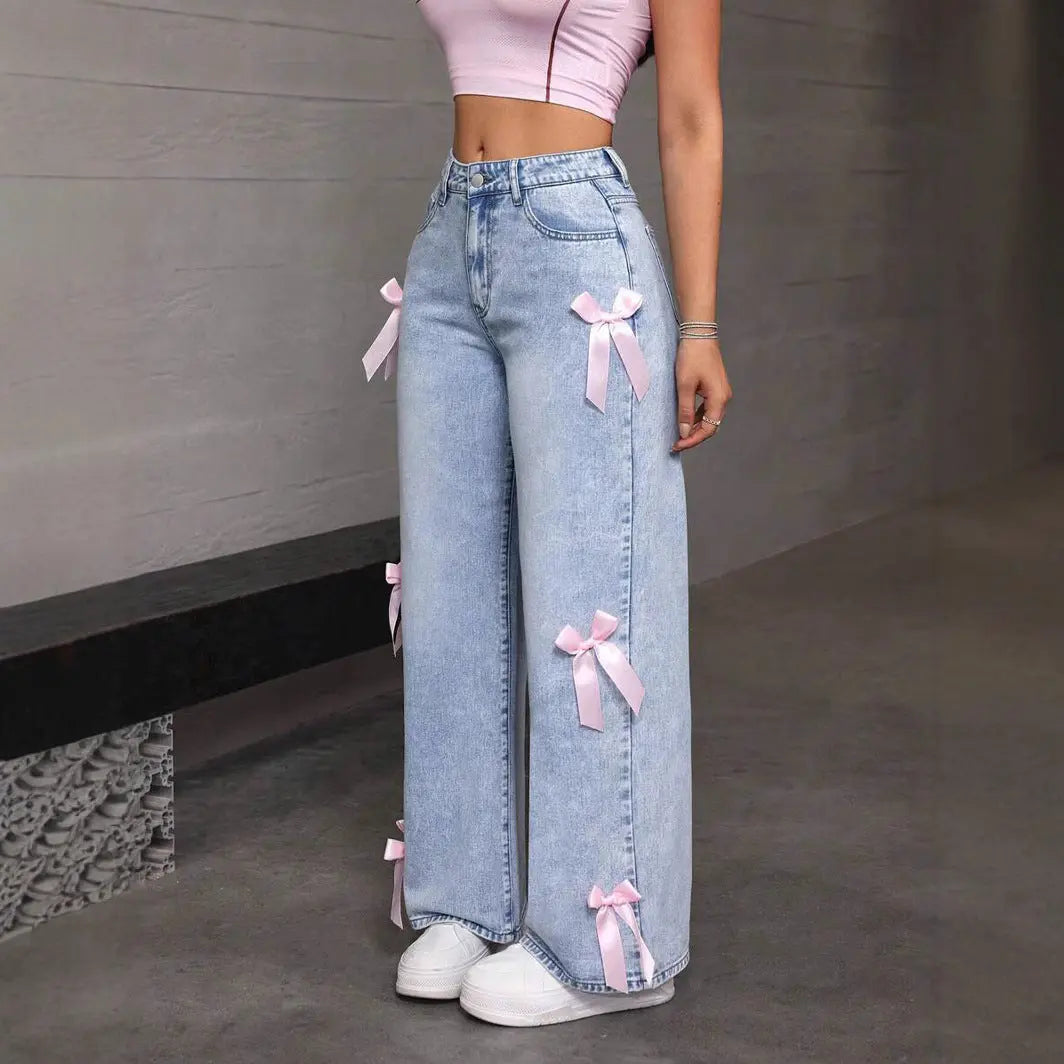 Bowknot Collage Washed Jeans Loose Straight-leg Wide-leg Pants hercurva
