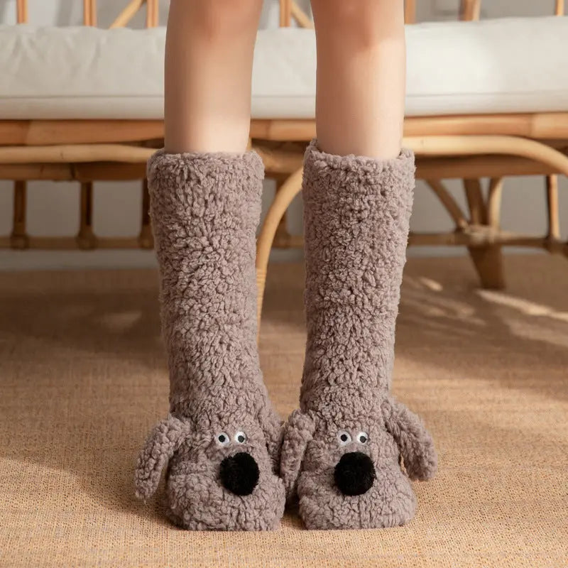 Cute Cartoon Dog Floor Socks Winter Warm Non-slip Plush Socks For Women hercurva