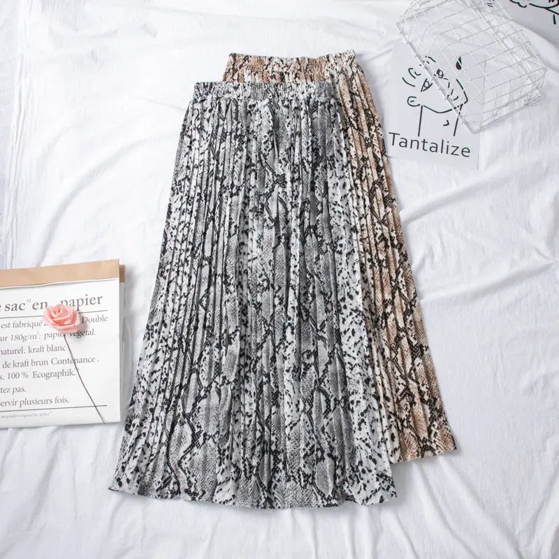 European And American Snake Print Pleated Skirt With High Waist And Slimming hercurva