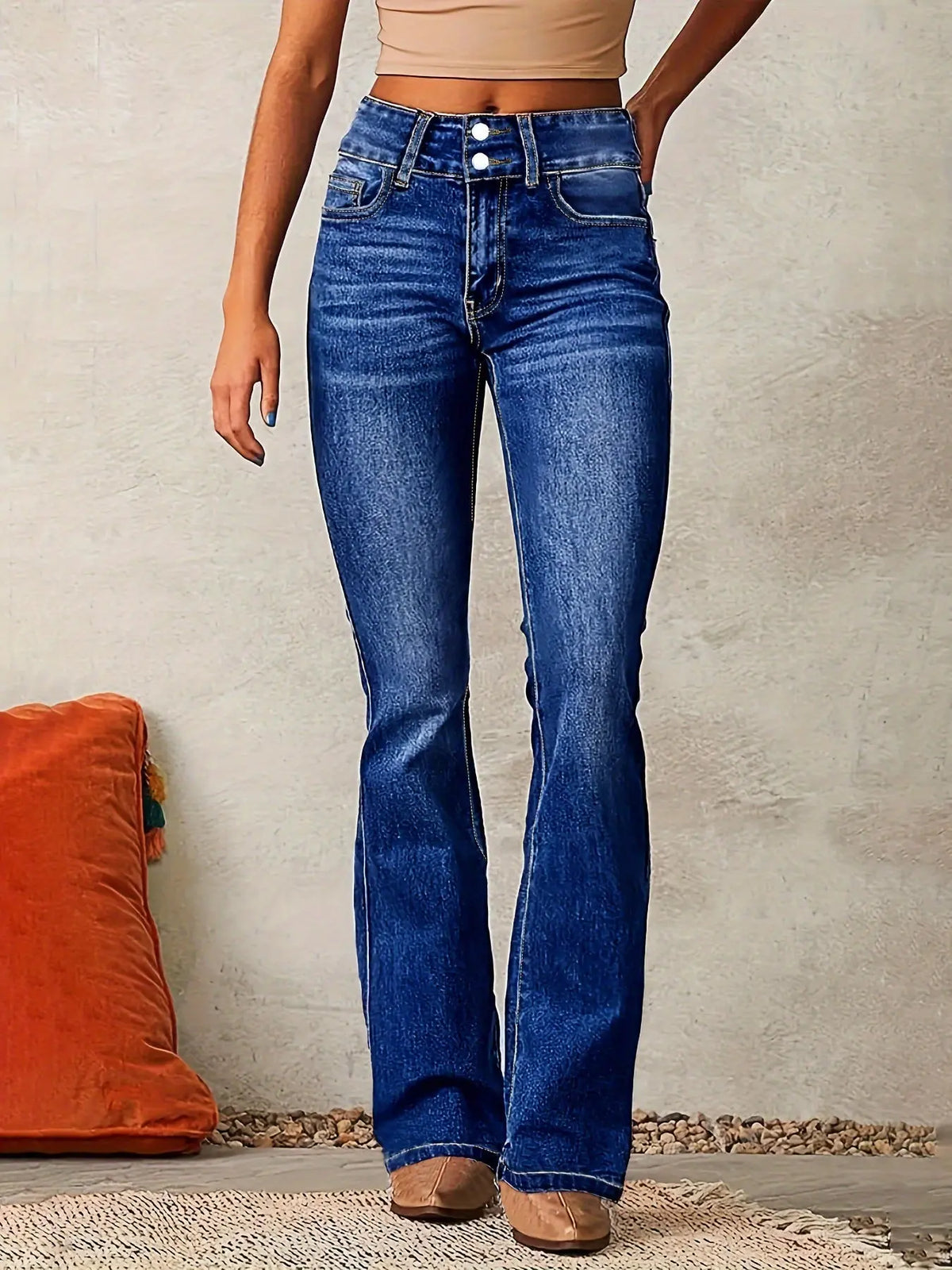 Skinny Flared Jeans With Pockets Fashion Button Zipper Trousers Women's Slim Denim Pants hercurva