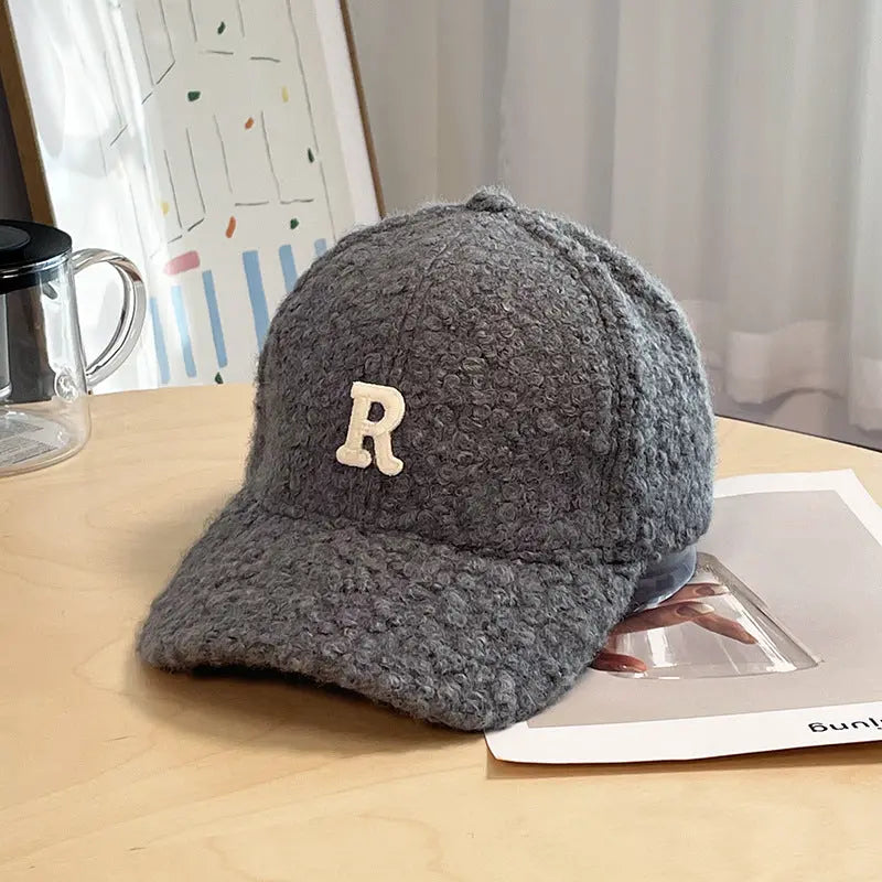 Winter Thick Lambskin Furry Large R Letter Baseball Cap hercurva