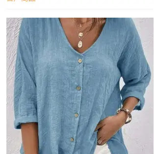 V-neck Long-sleeved T-shirt Fashion Solid Color Button Top Casual Loose Clothing For Women hercurva