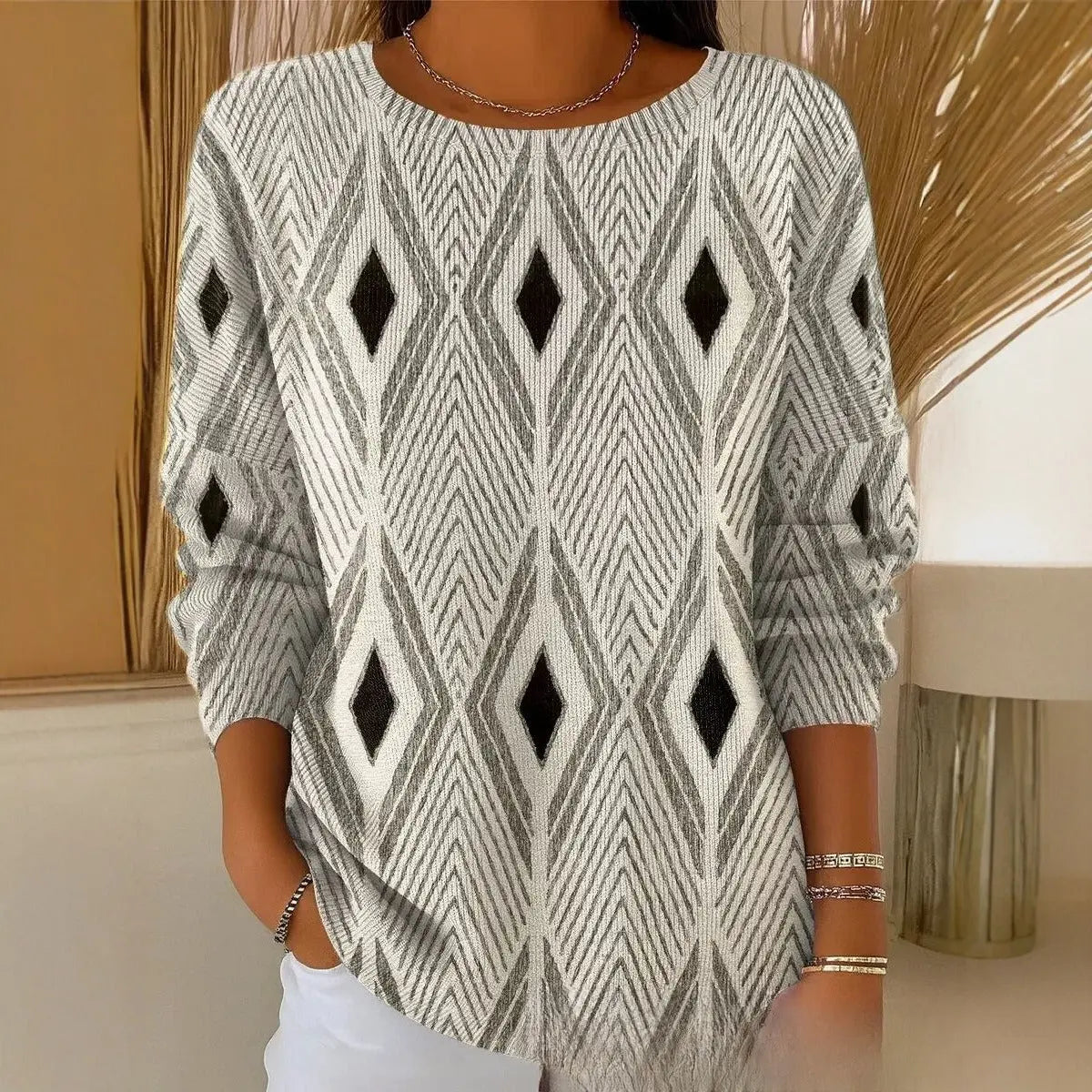 Creative Pattern Women's Drop Shoulder Round Neck Long Sleeve T-Shirt hercurva