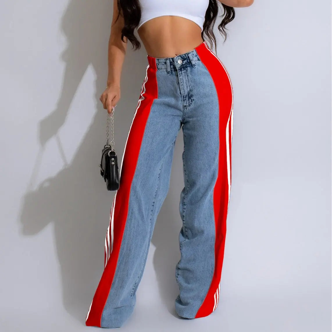 Fashion Casual High Waist Elastic Straight Leg Trousers Three Stripe Patchwork Denim Wide Leg Pants Streetwear hercurva