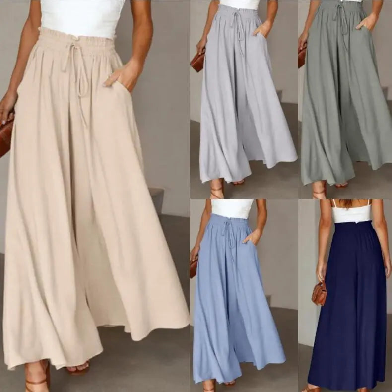 Women's Fashion Wide Leg Elastic Waistband Wide Leg High Waist Long Dress Pants hercurva