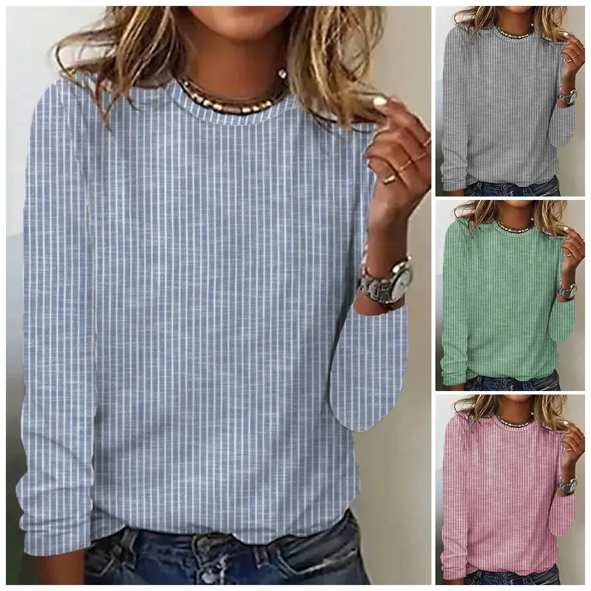Loose Solid Color Striped Round Neck T-shirt For Women hercurva