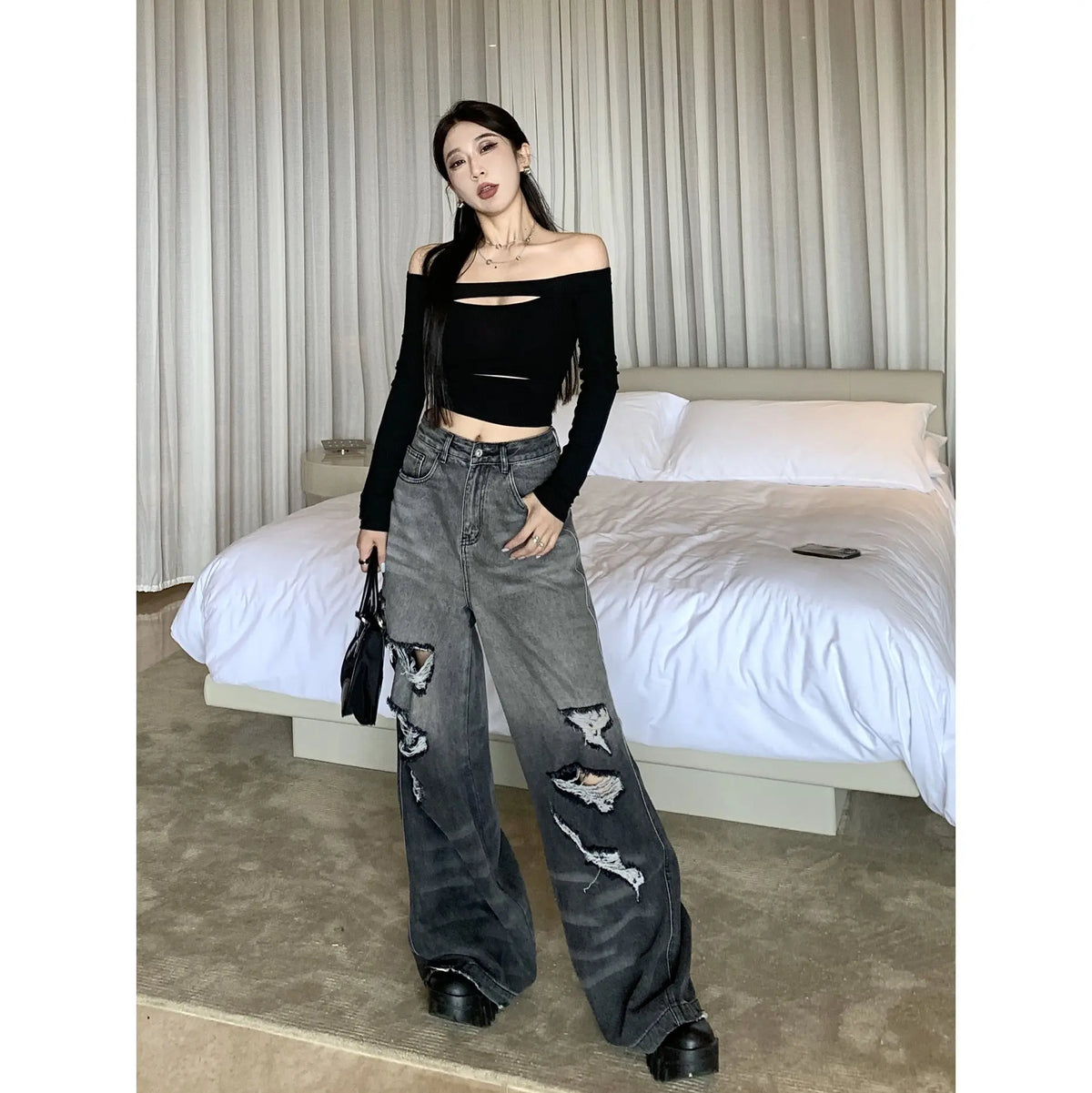 Gradient Color Big Ripped Hot Girl Wide Leg Jeans For Women hercurva