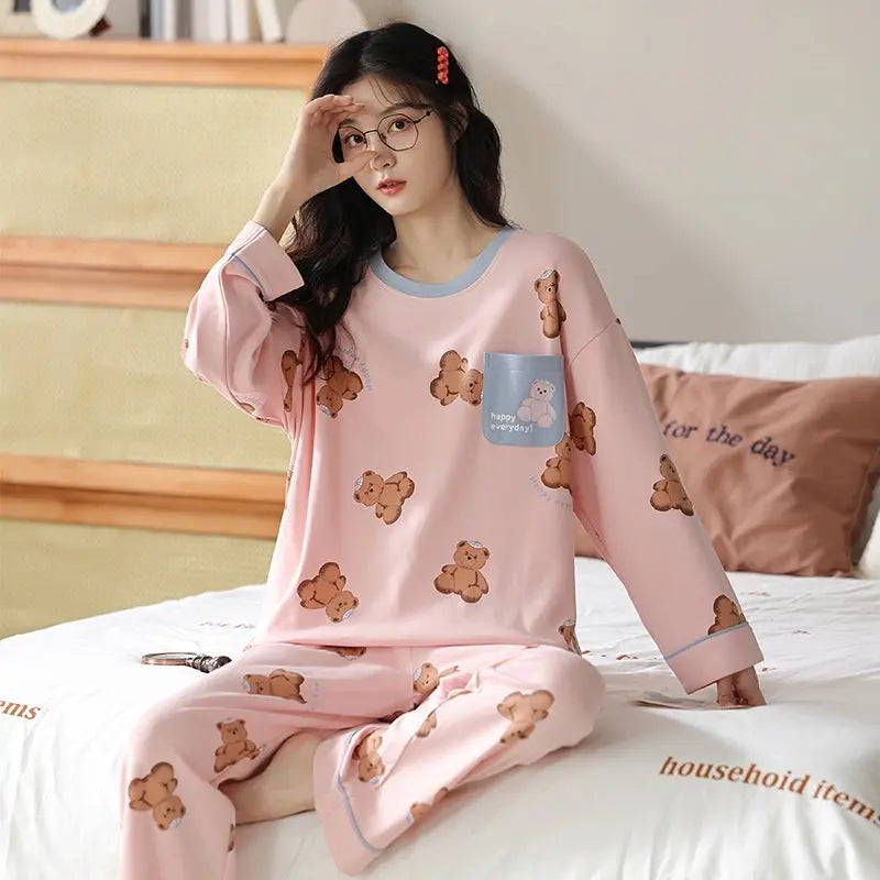 Loose Print Pajamas Women Autumn Winter Pyjama Set Long Sleeves And Trousers Elegant Sleepwear Girl Loungewear Home Clothes hercurva