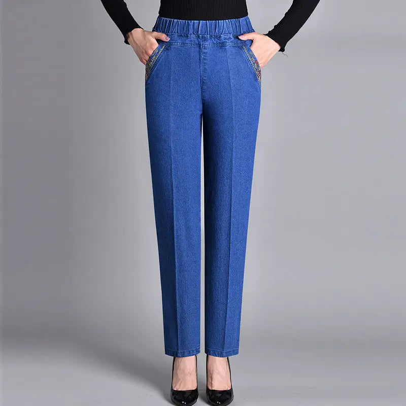 Thin Elastic High Waist Denim Straight-leg Trousers hercurva