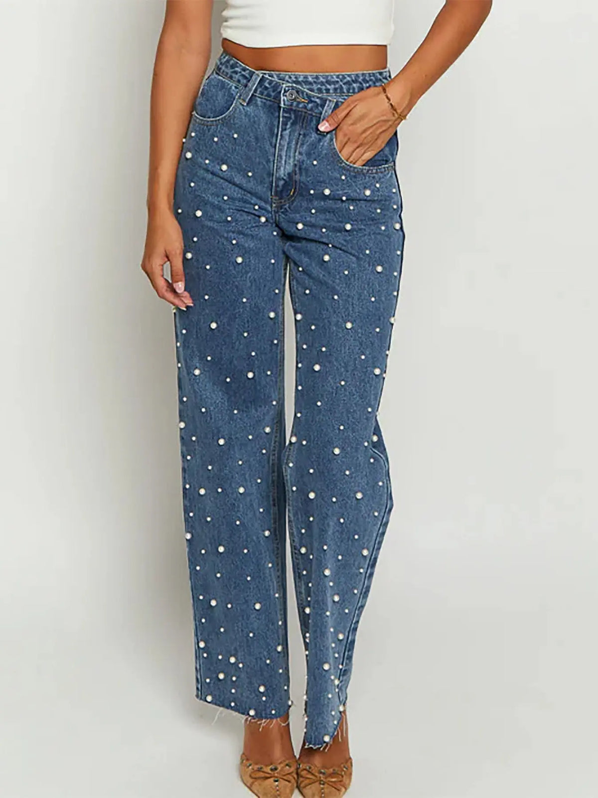 Oblique Waist Cross Beaded Straight-leg Frayed Hem Jeans hercurva