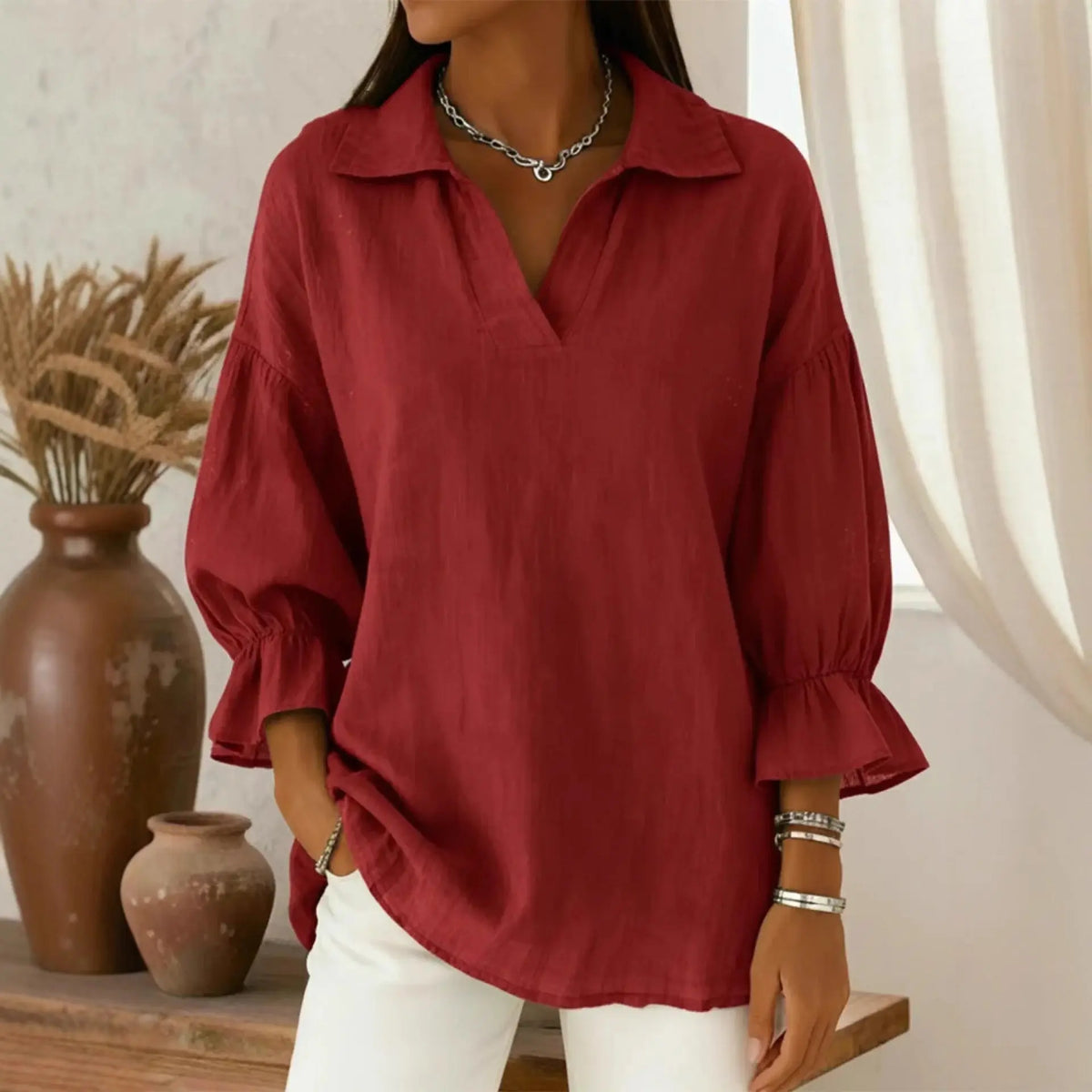 Casual Relaxed-fit Fashionable Long-sleeve Top With A Turn-down Collar hercurva