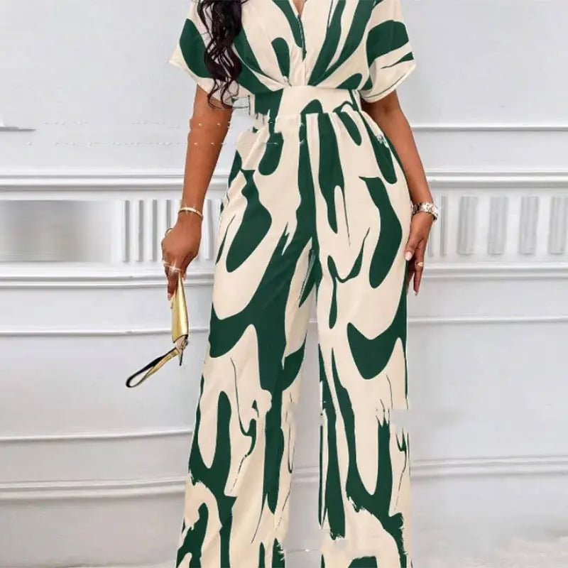 V-neck Loose Printed Long Jumpsuit hercurva