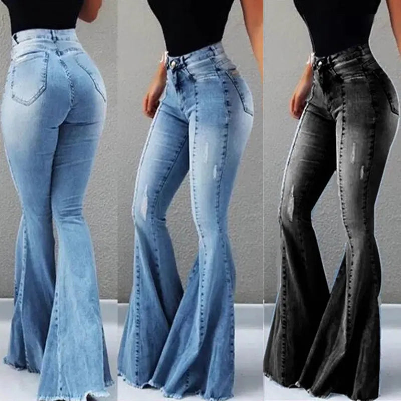Elastic High Waist Ripped Denim Bell-bottom Pants Women hercurva
