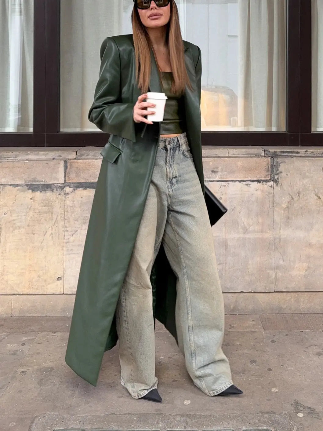 Olive Green Leather Maxi Trench Coat With Shoulder Pads hercurva