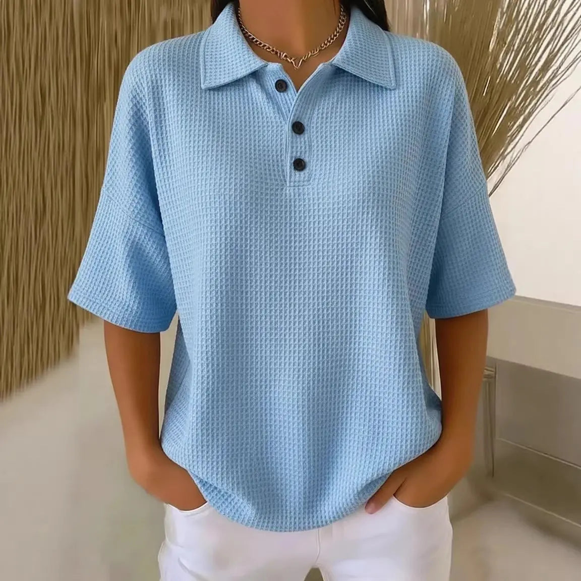Buttoned Waffle-knit Short-sleeve T-shirt Solid-color Pullover Top hercurva